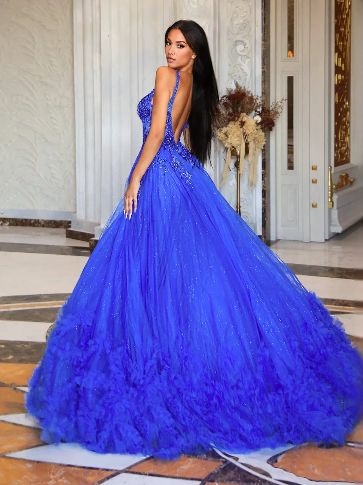 Royal blue sweetheart corset ball gown with spaghetti straps, tulle sparkle and thigh slit