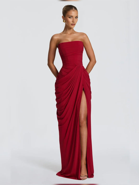Off-shoulder corset ruched floor-length formal dress, burgundy with front slit