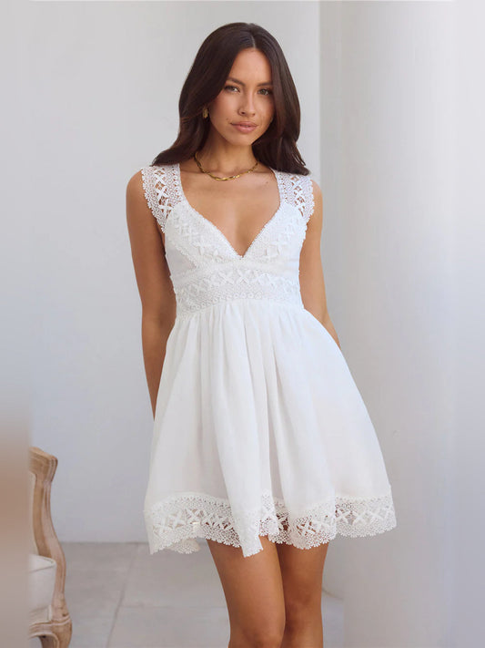 White lace V-neck cap-sleeve A-line mini dress, front view