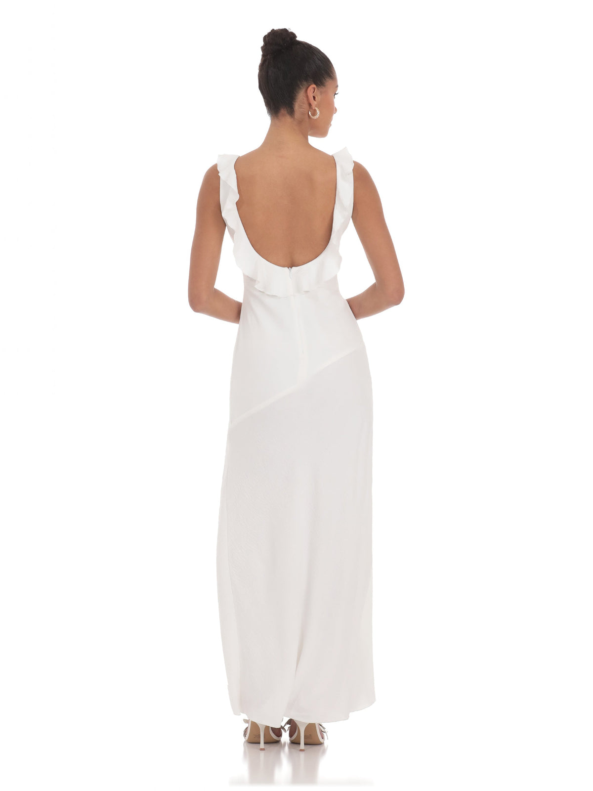 White bridesmaid dress with a-line silhouette and maxi length