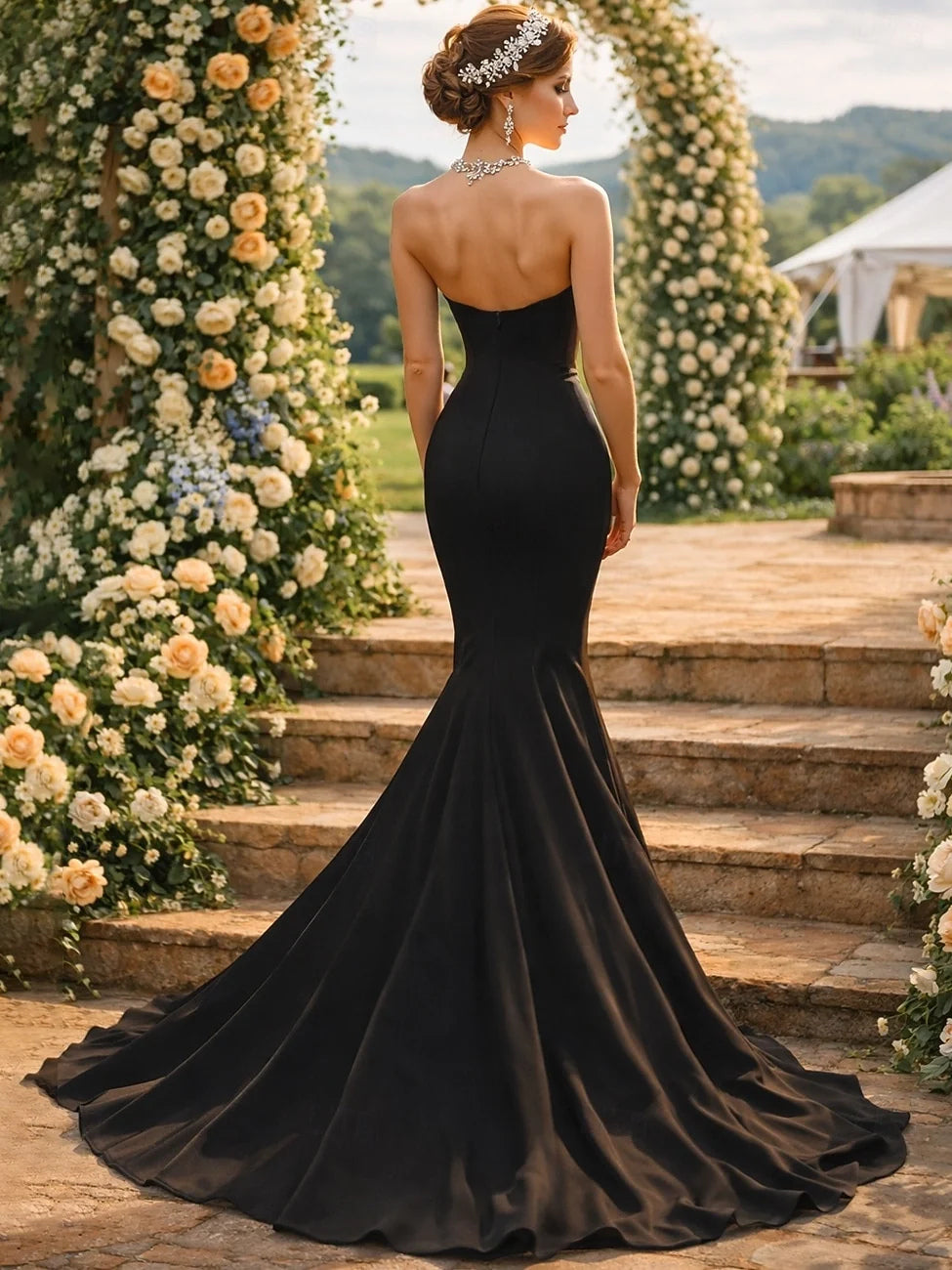 Black sweetheart mermaid maxi prom dress, satin open-back design