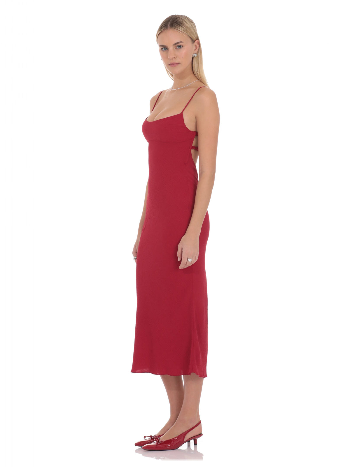 Red bridesmaid dress with a-line silhouette and midi length