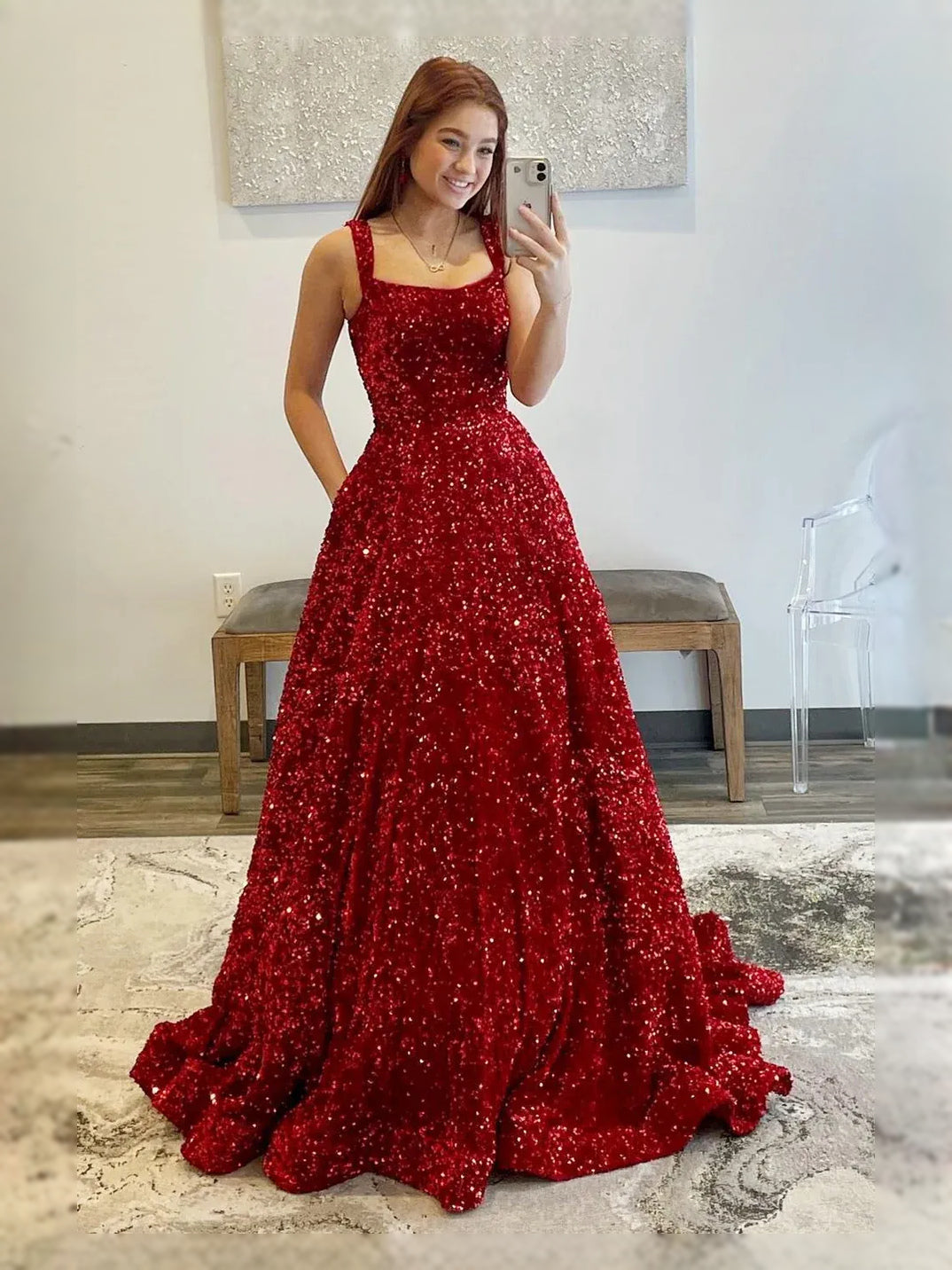 Red sequin A-line maxi prom dress with square neckline and backless drape
