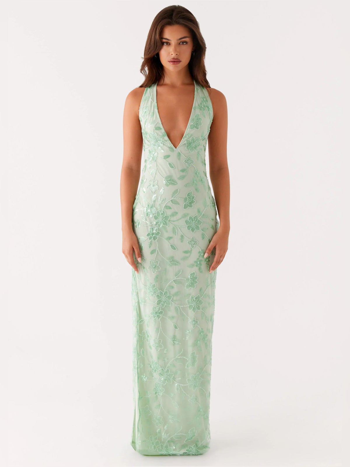 Sage sheath maxi formal dress with halter neckline, full-length front view
