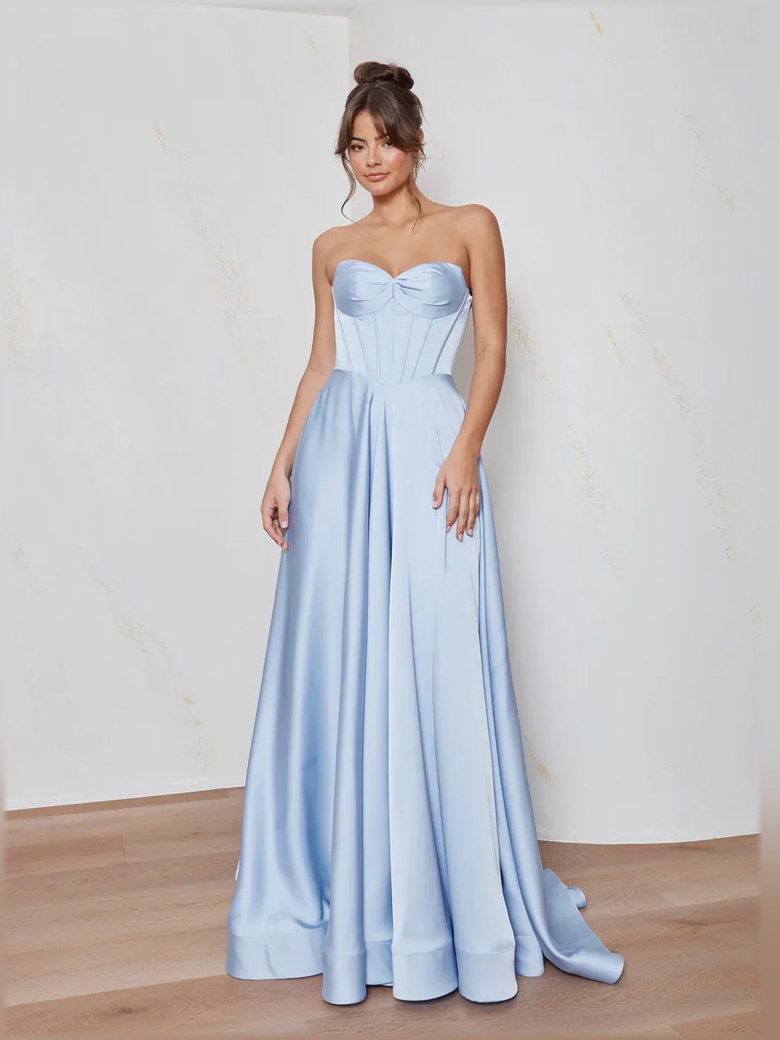 Light blue strapless corset A-line maxi formal dress with sweetheart bow