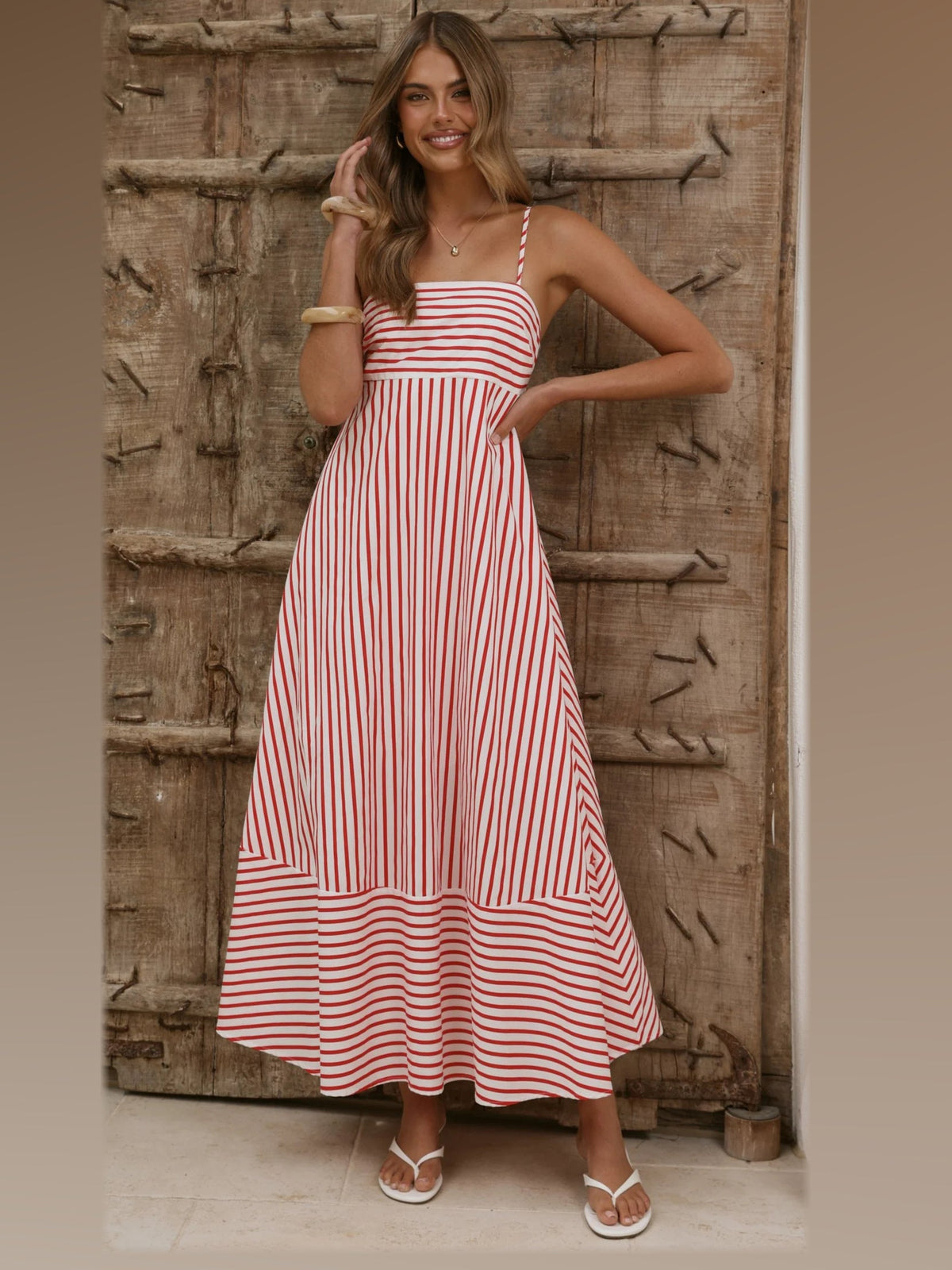Red White Stripe maxi formal dress, front full-length view showing the neckline
