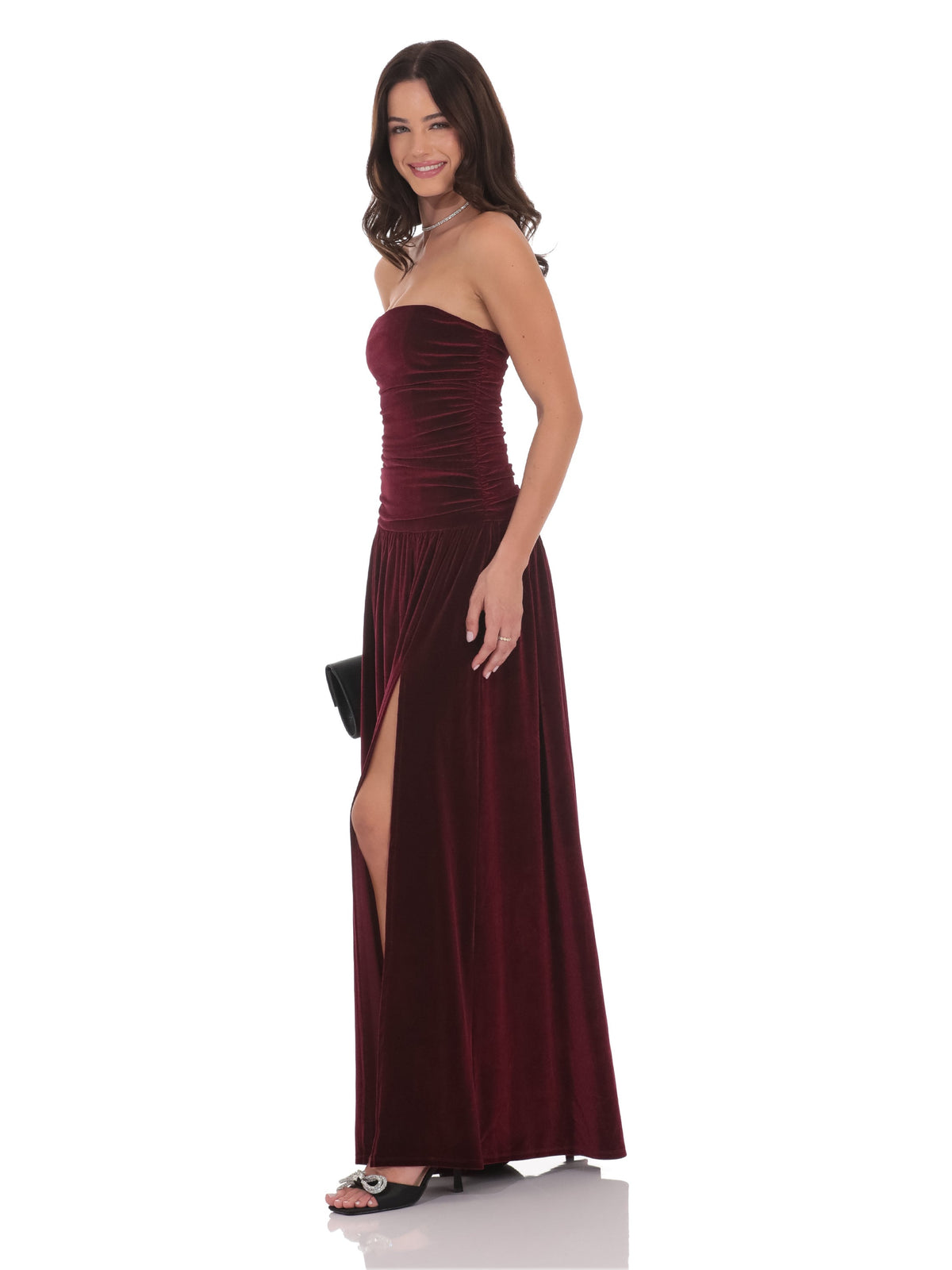 Wine bridesmaid dress with drop-waist silhouette and maxi length