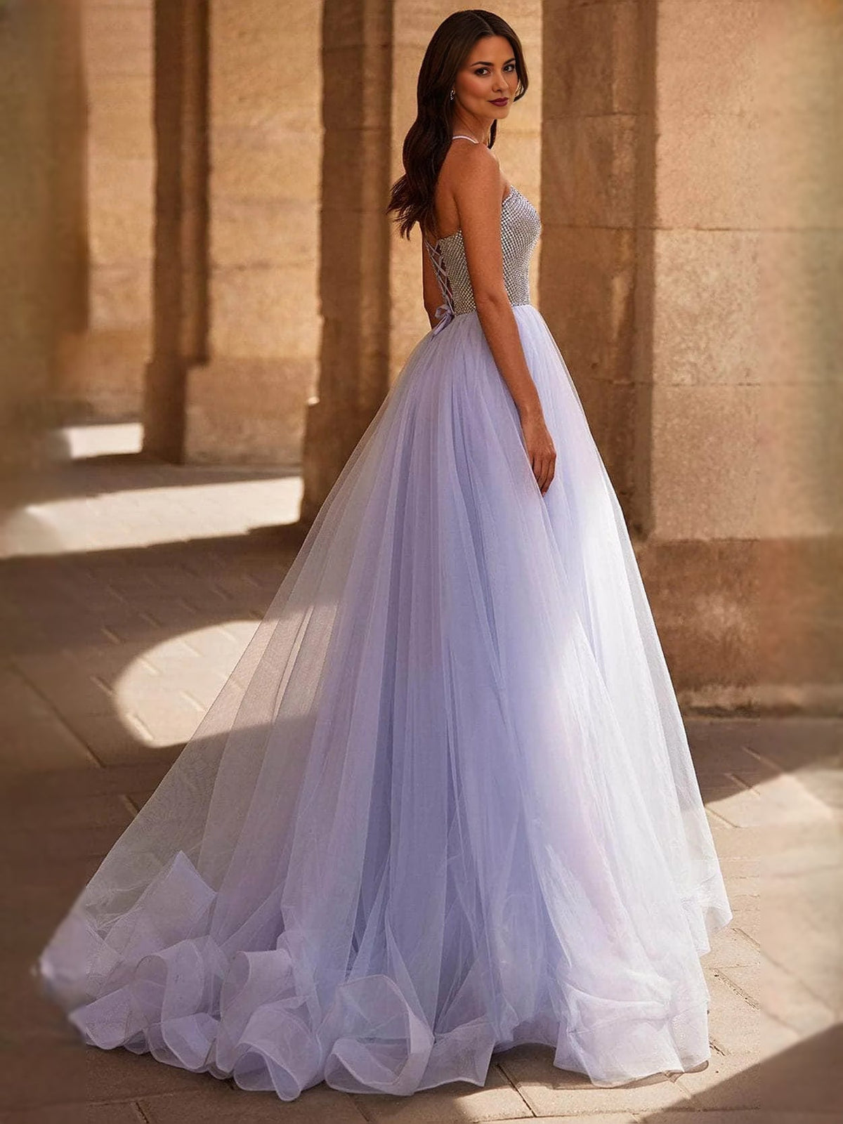 Lavender tulle prom dress with sweetheart neckline, beaded bodice, and thigh slit skirt