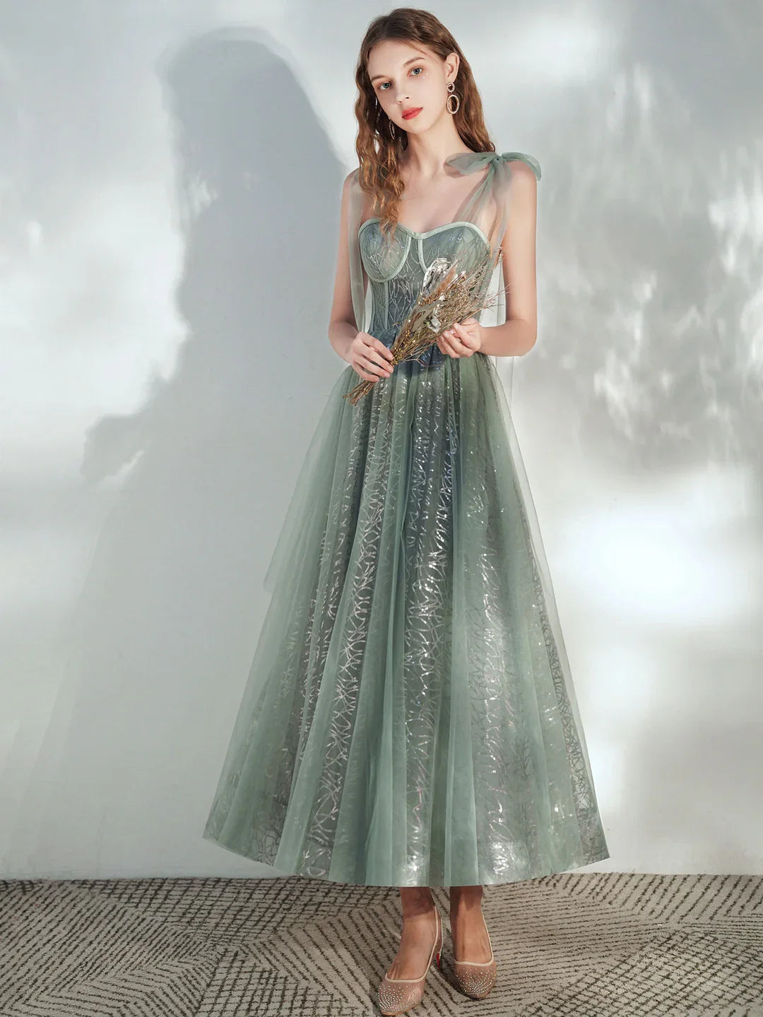 Sweetheart corset A-line midi dress in sage green glitter with flared skirt