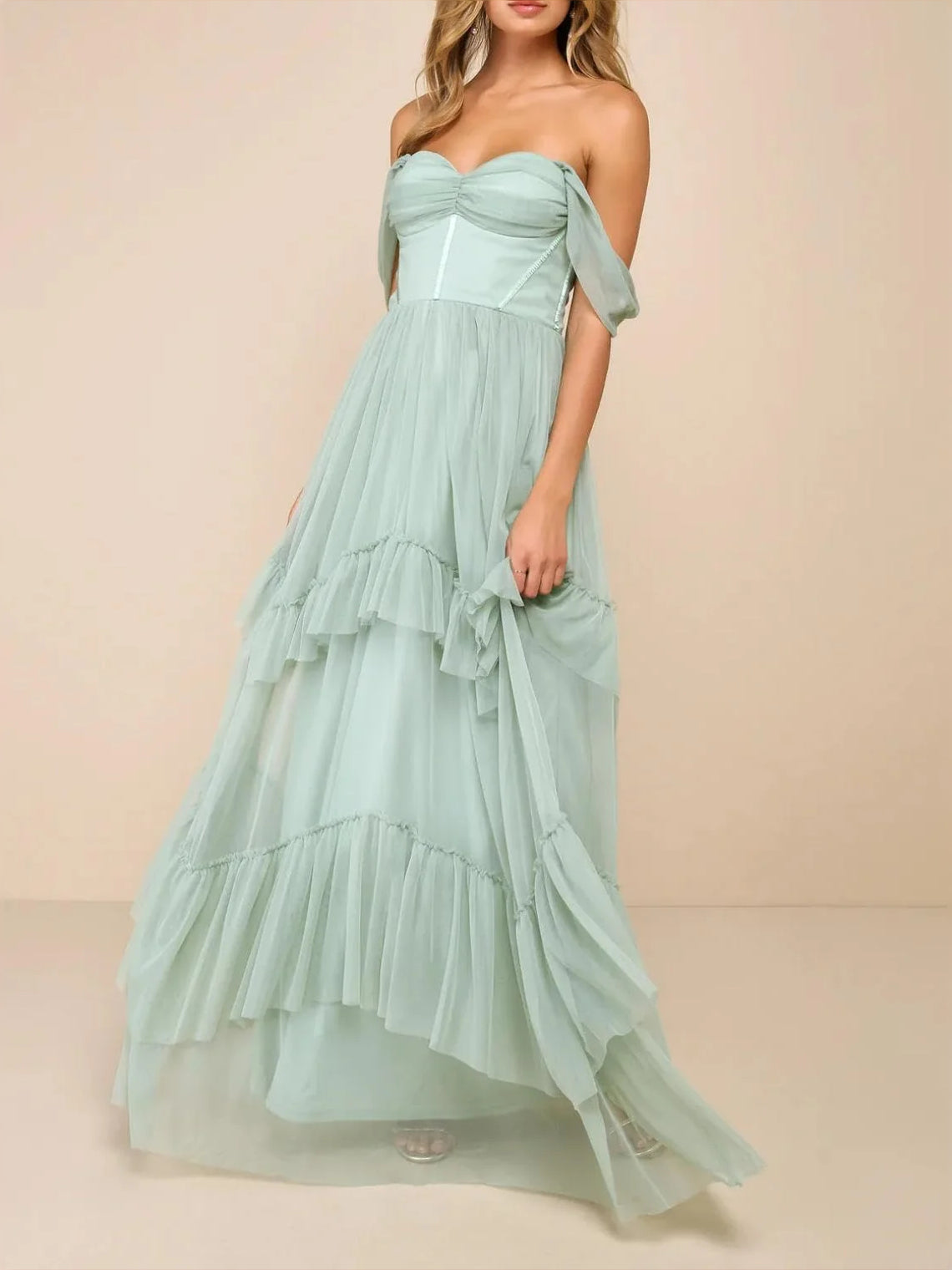 Mint green sweetheart off-shoulder A-line tulle bridesmaid dress with tiered ruffles
