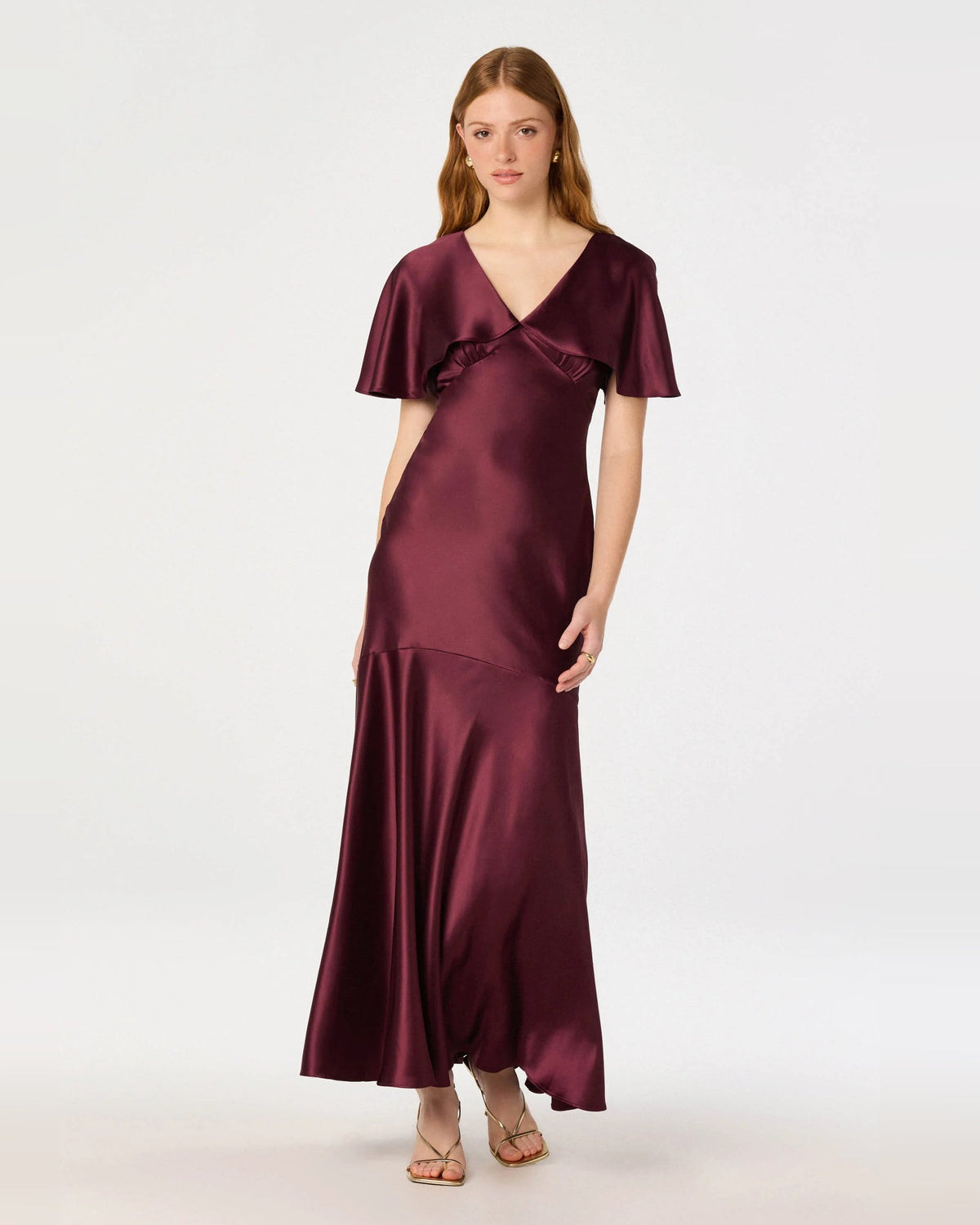 Wine satin A-line maxi dress, V-neck overlap bodice, short flutter sleeves