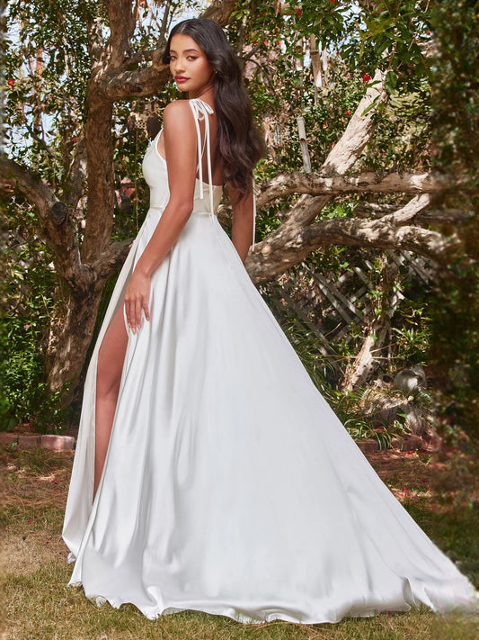 Ivory satin A-line wedding dress, cowl neck, spaghetti straps, side slit