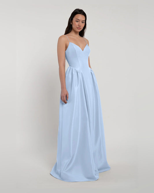 Light blue A-line maxi formal dress with V-neck and spaghetti straps