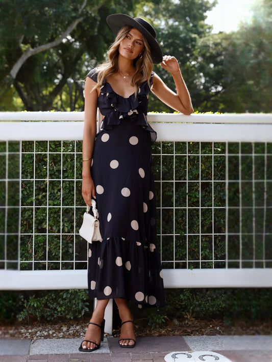 Black midi formal dress with printed pattern, full-length front view