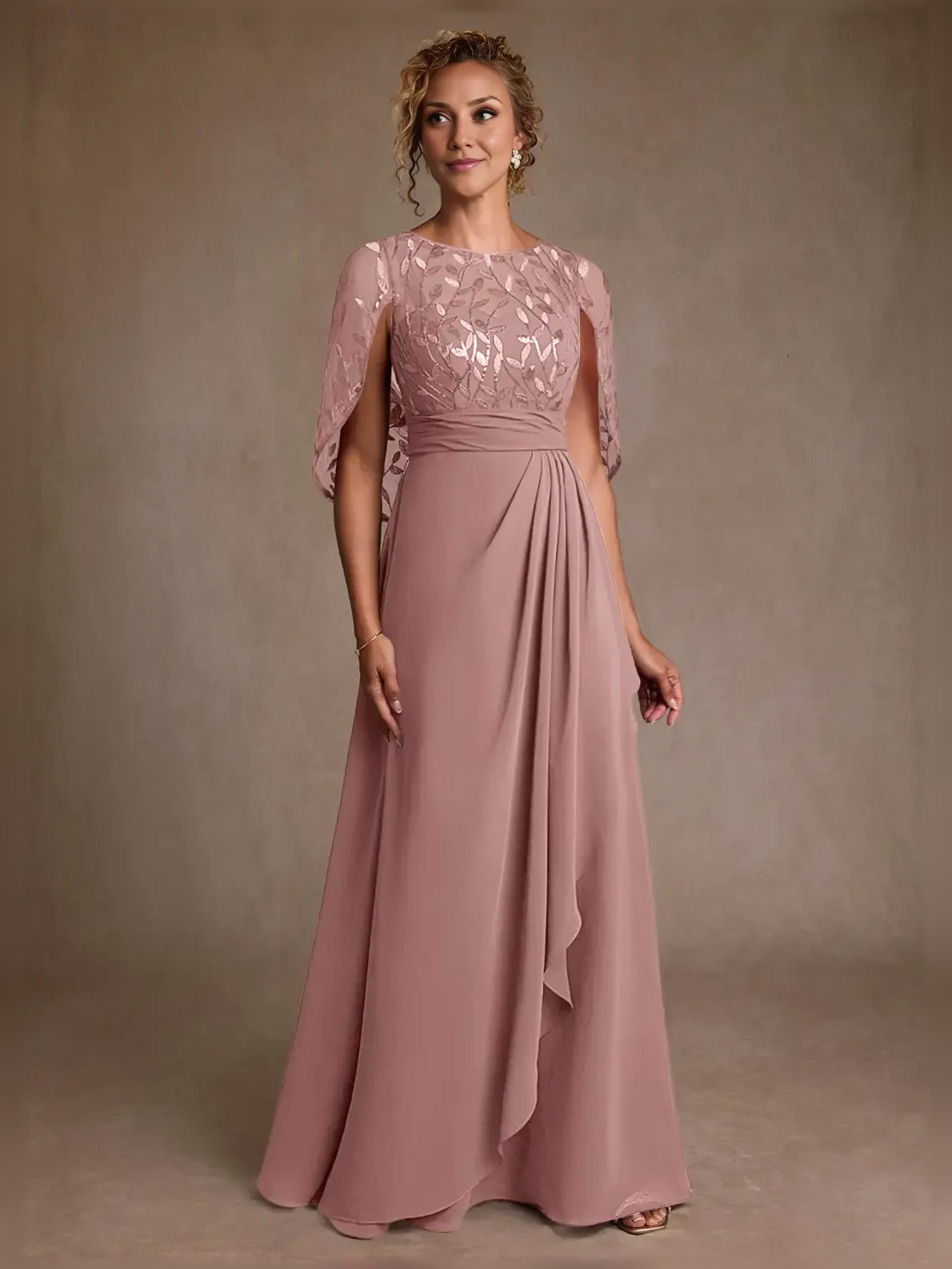 Dusty rose embroidered chiffon A-line maxi dress with cap sleeves and draped waist