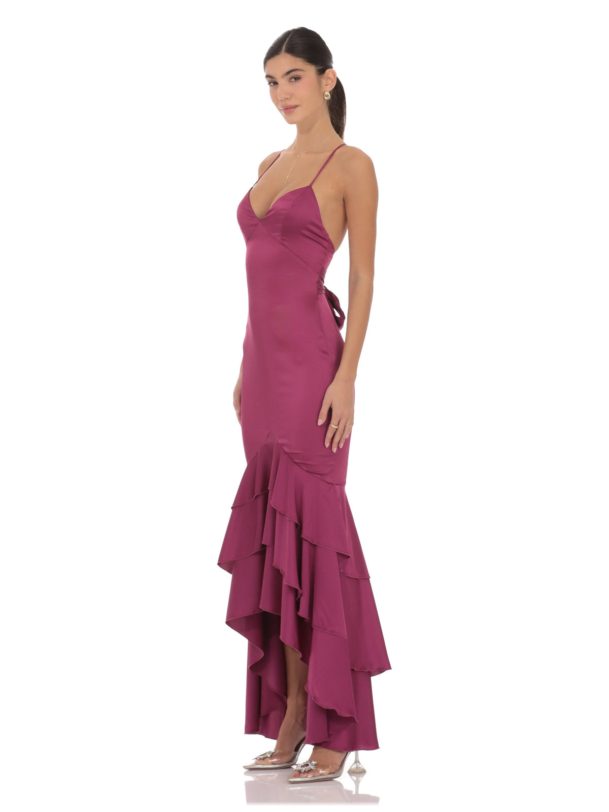 Magenta bridesmaid dress with a-line silhouette and maxi length