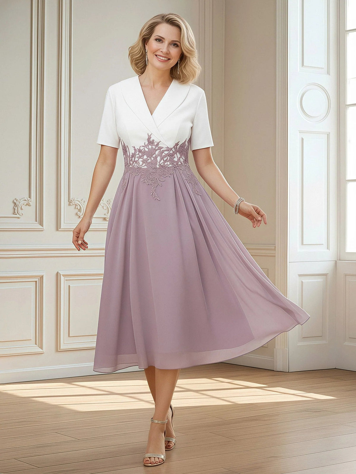 V-neck A-line chiffon dress with lilac skirt, white embroidered bodice, short sleeves