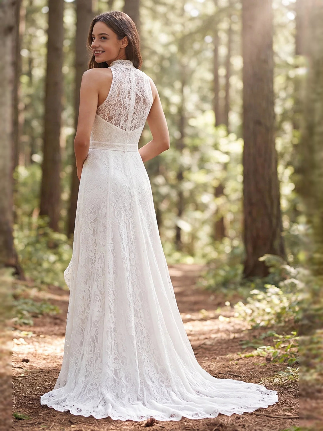 Ivory lace halter wedding dress with cut-out back and A-line floor-length hem