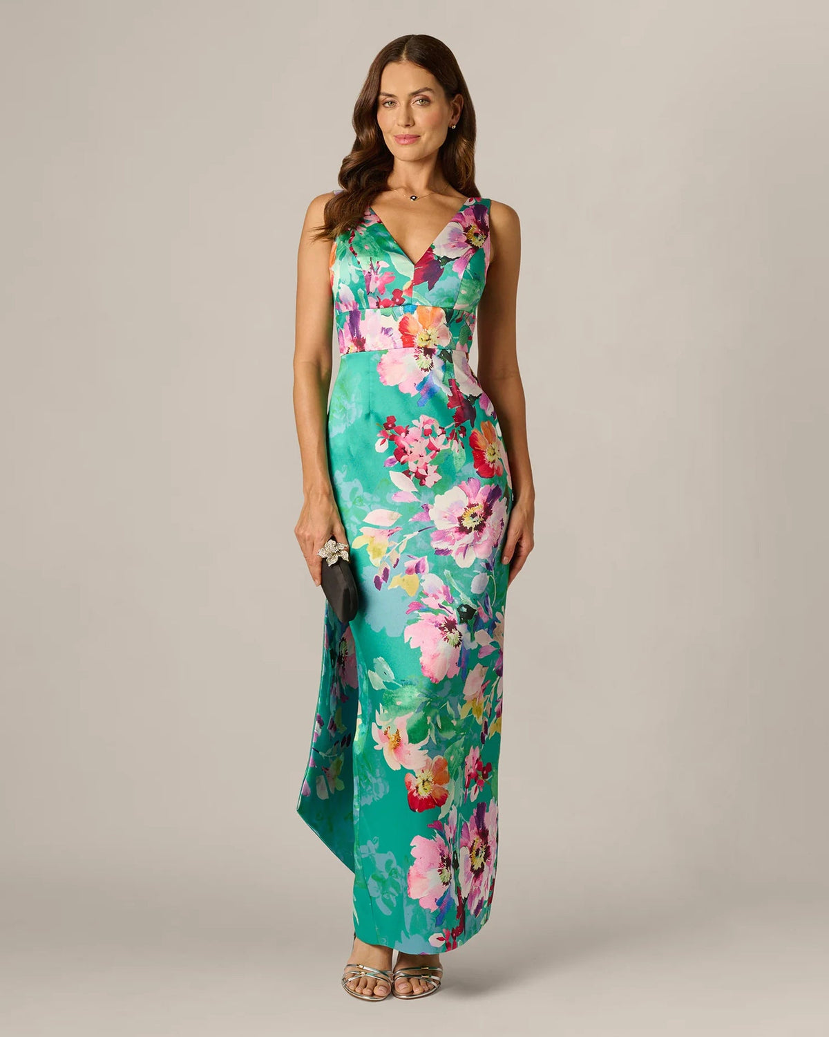 Green floral sheath maxi dress with V-neck and sleeveless bodice