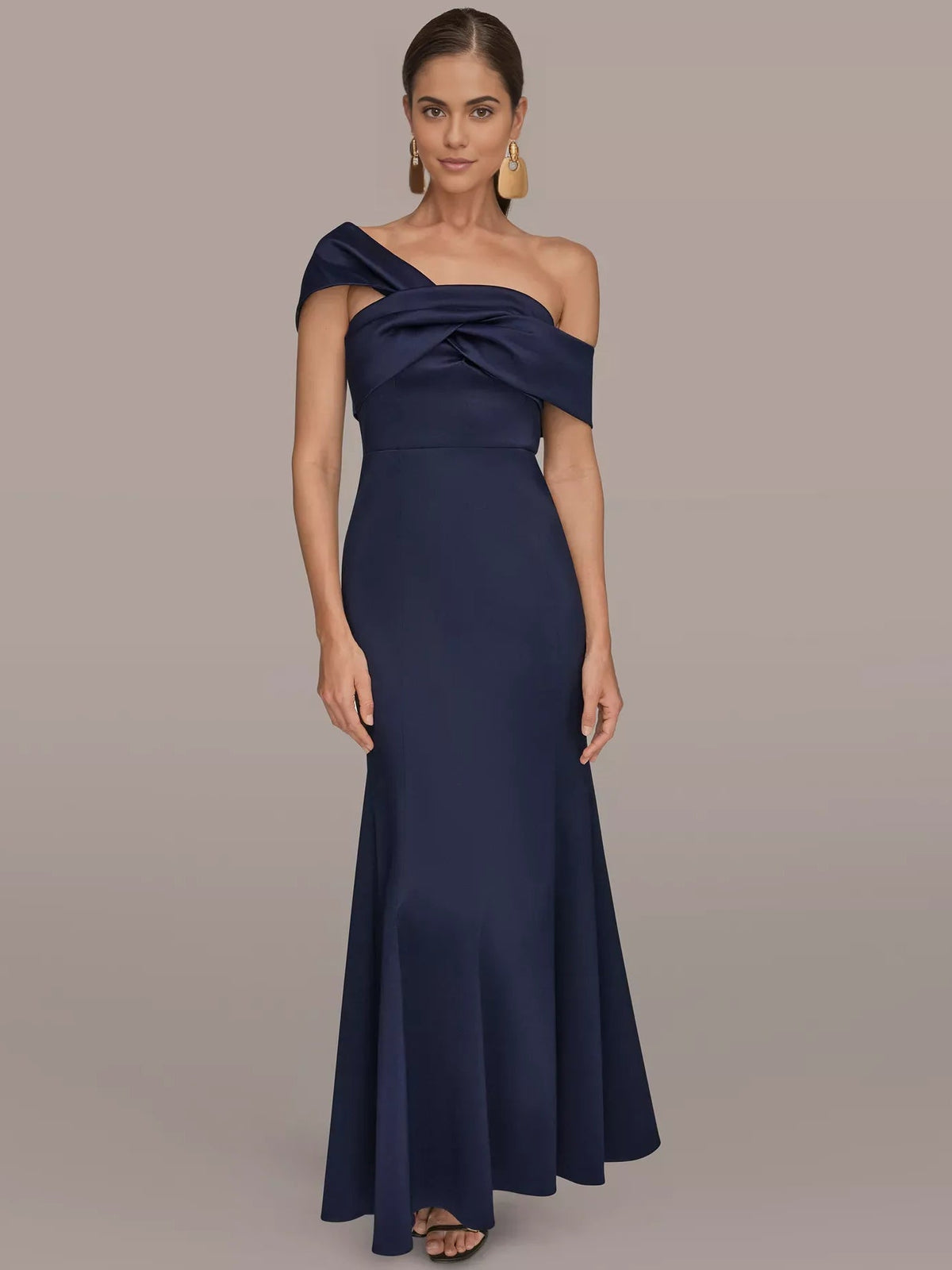 Navy one-shoulder satin mermaid formal dress, draped off-shoulder detail, floor length