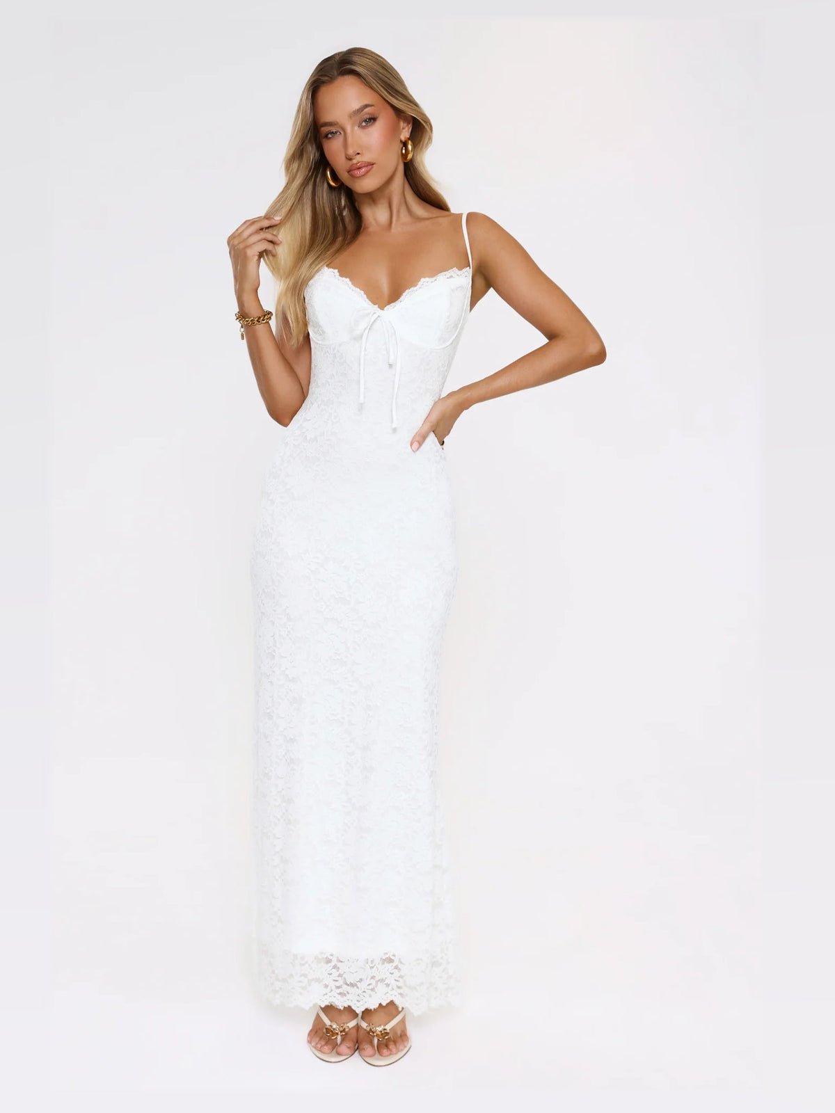 White maxi formal dress, front full-length view showing the neckline