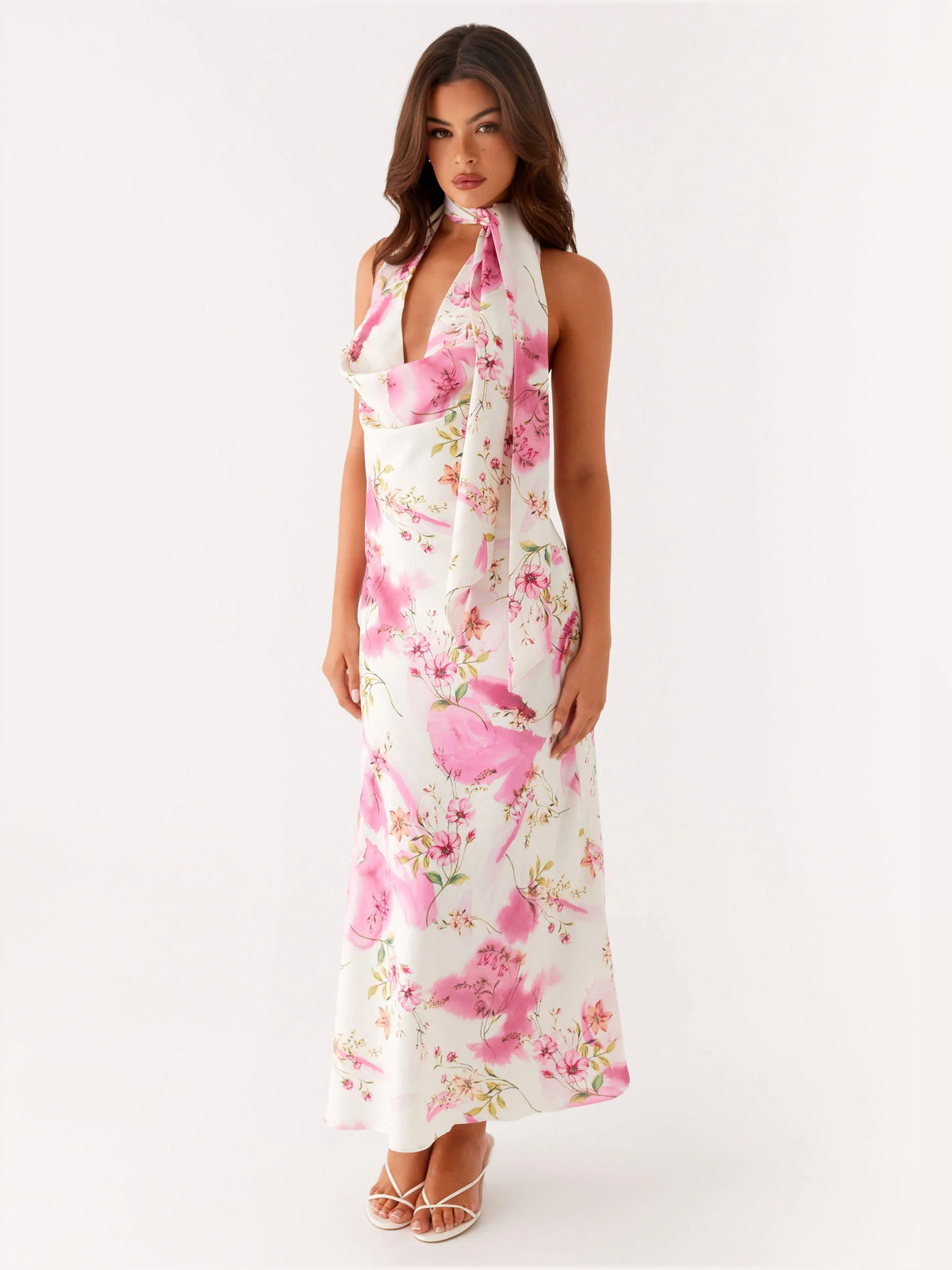 Ivory floral midi formal dress with halter neck scarf, sleeveless, straight skirt