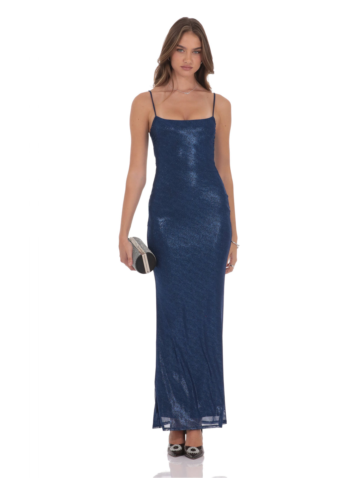 Navy bridesmaid dress with bodycon silhouette and maxi length