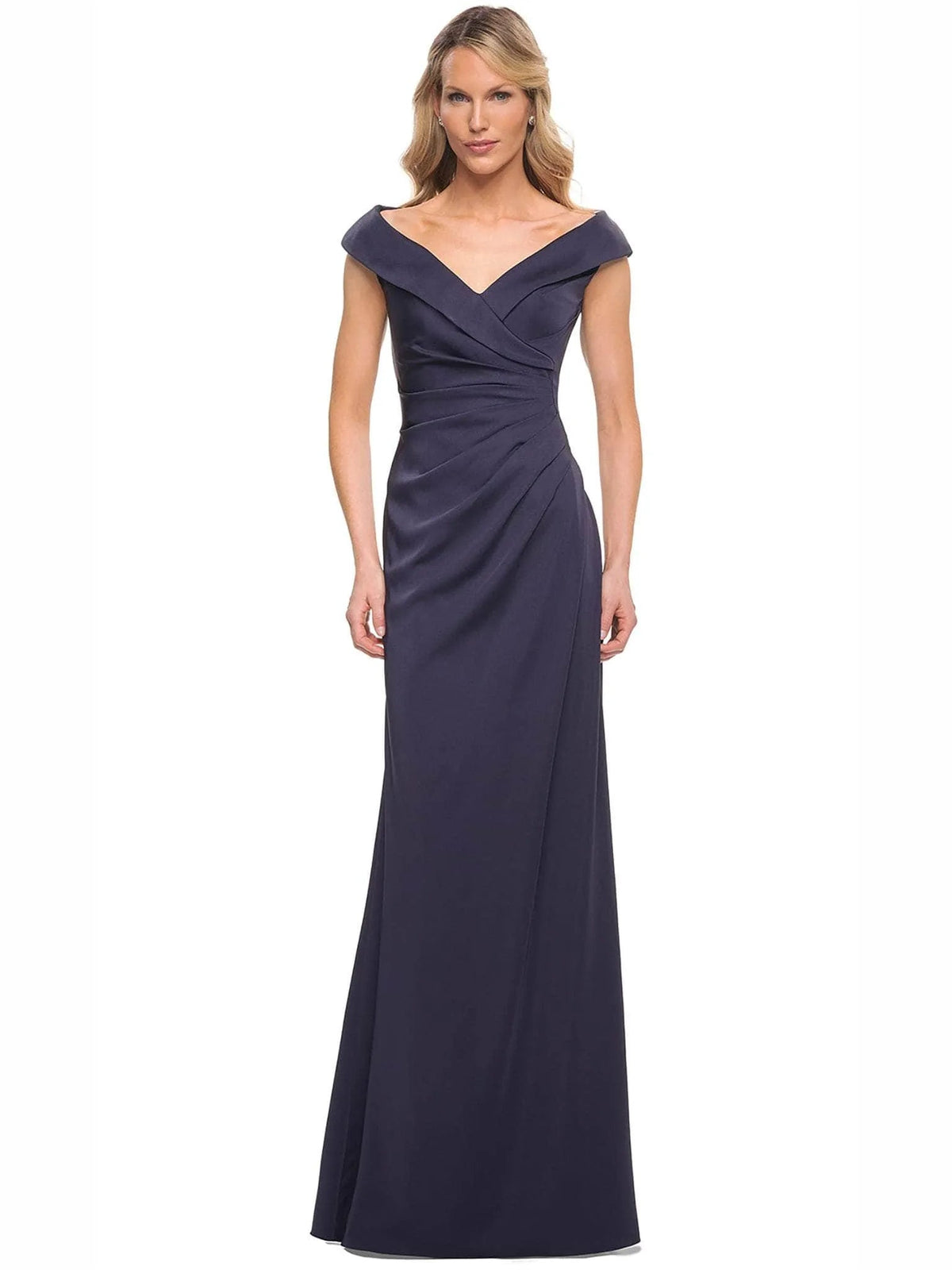 Navy off-shoulder formal dress with ruched waist, cap sleeves, sheath silhouette