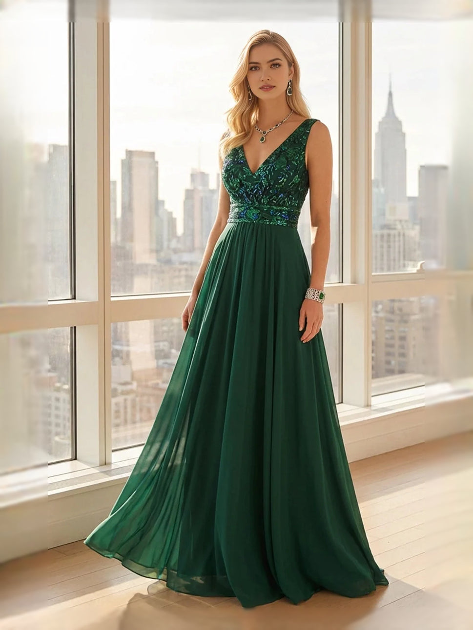 Dark green sequin V-neck A-line maxi chiffon bridesmaid dress