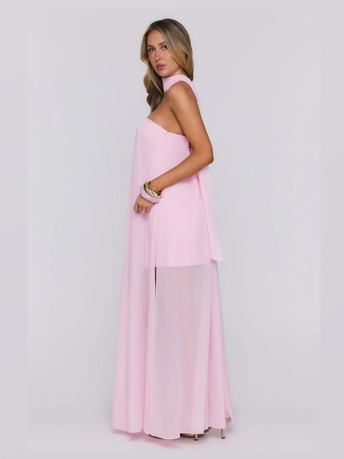 Pink formal dress with a-line silhouette and maxi length