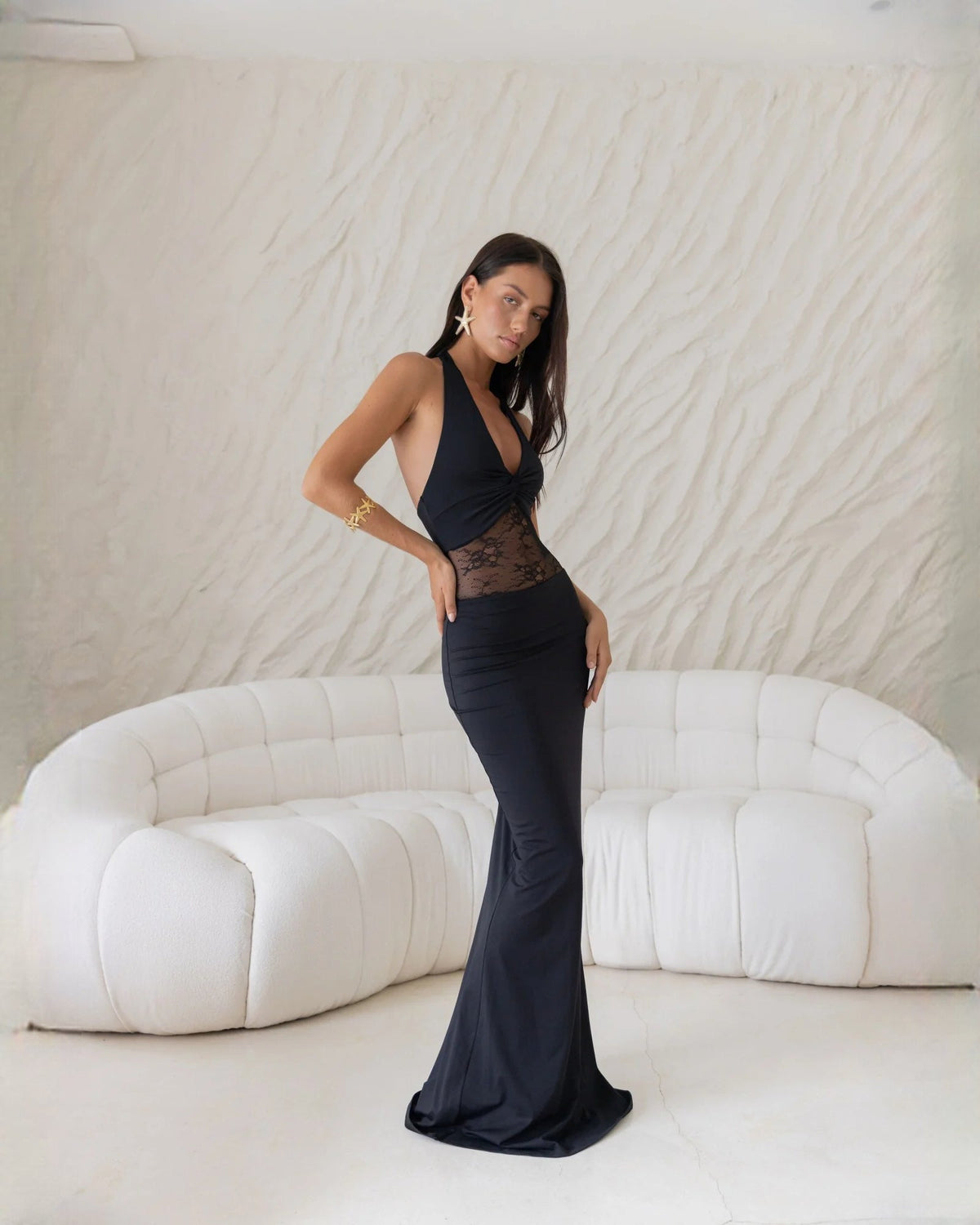 Black satin halter neck A-line maxi dress with lace inset bodice
