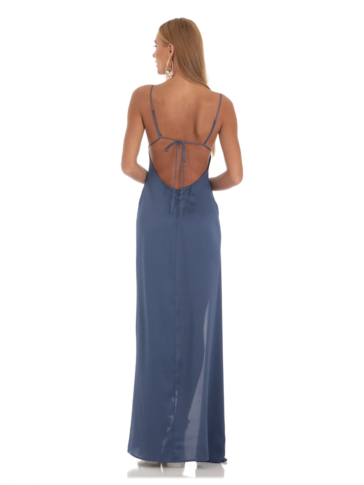 Blue bridesmaid dress with a-line silhouette and maxi length