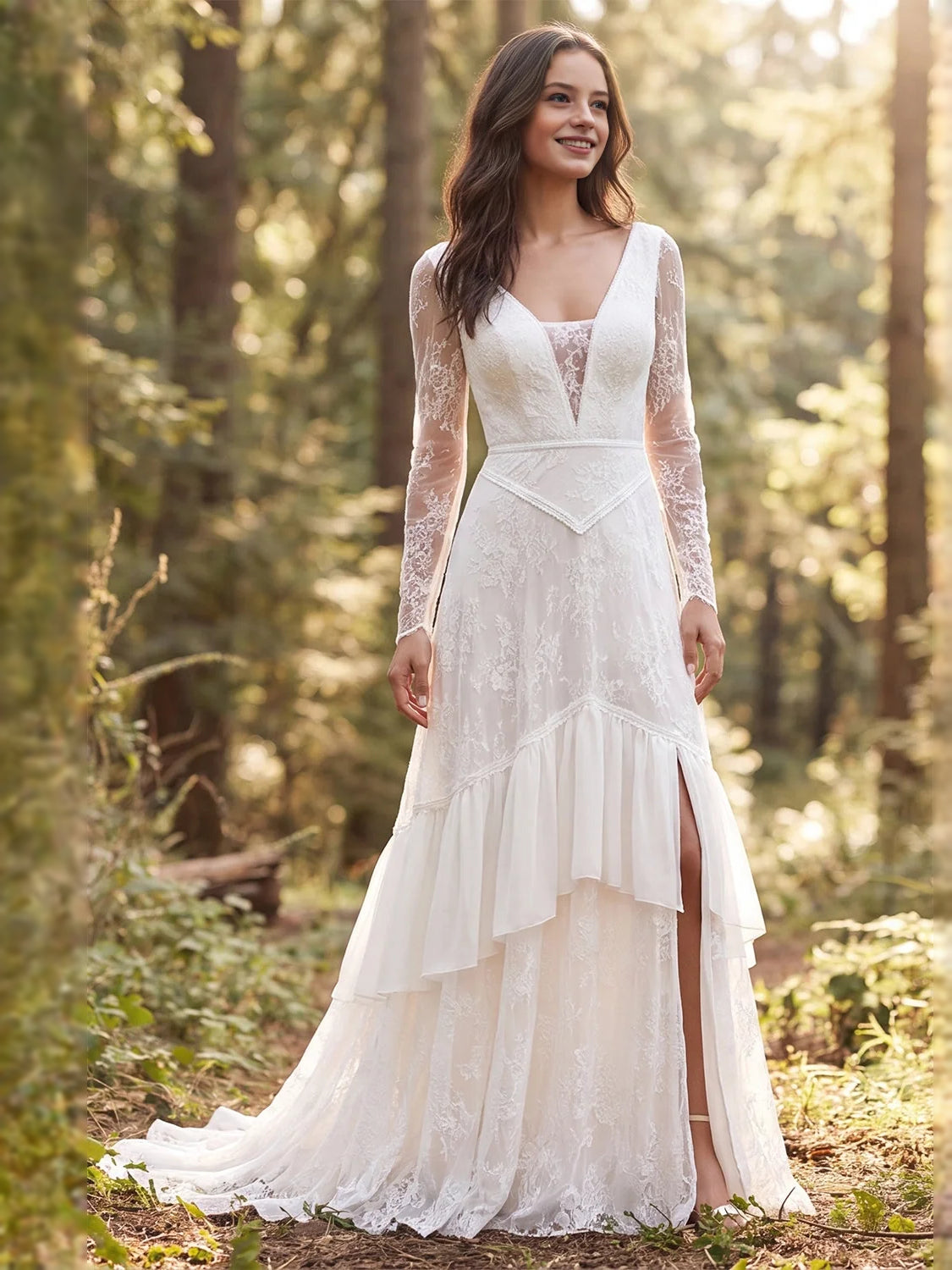 Ivory chiffon A-line wedding dress with lace long sleeves, V-neck and tiered ruffle hem
