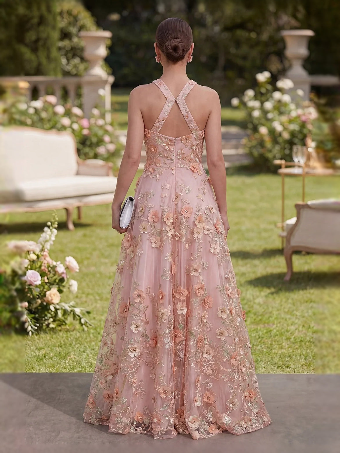 Dusty pink floral applique halter prom dress, crisscross back straps, A-line tulle