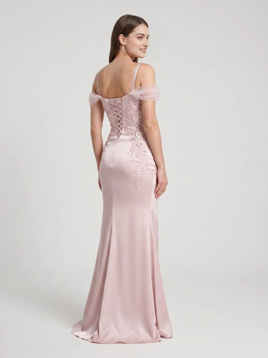 Blush pink satin mermaid dress with draped back and corset detailing