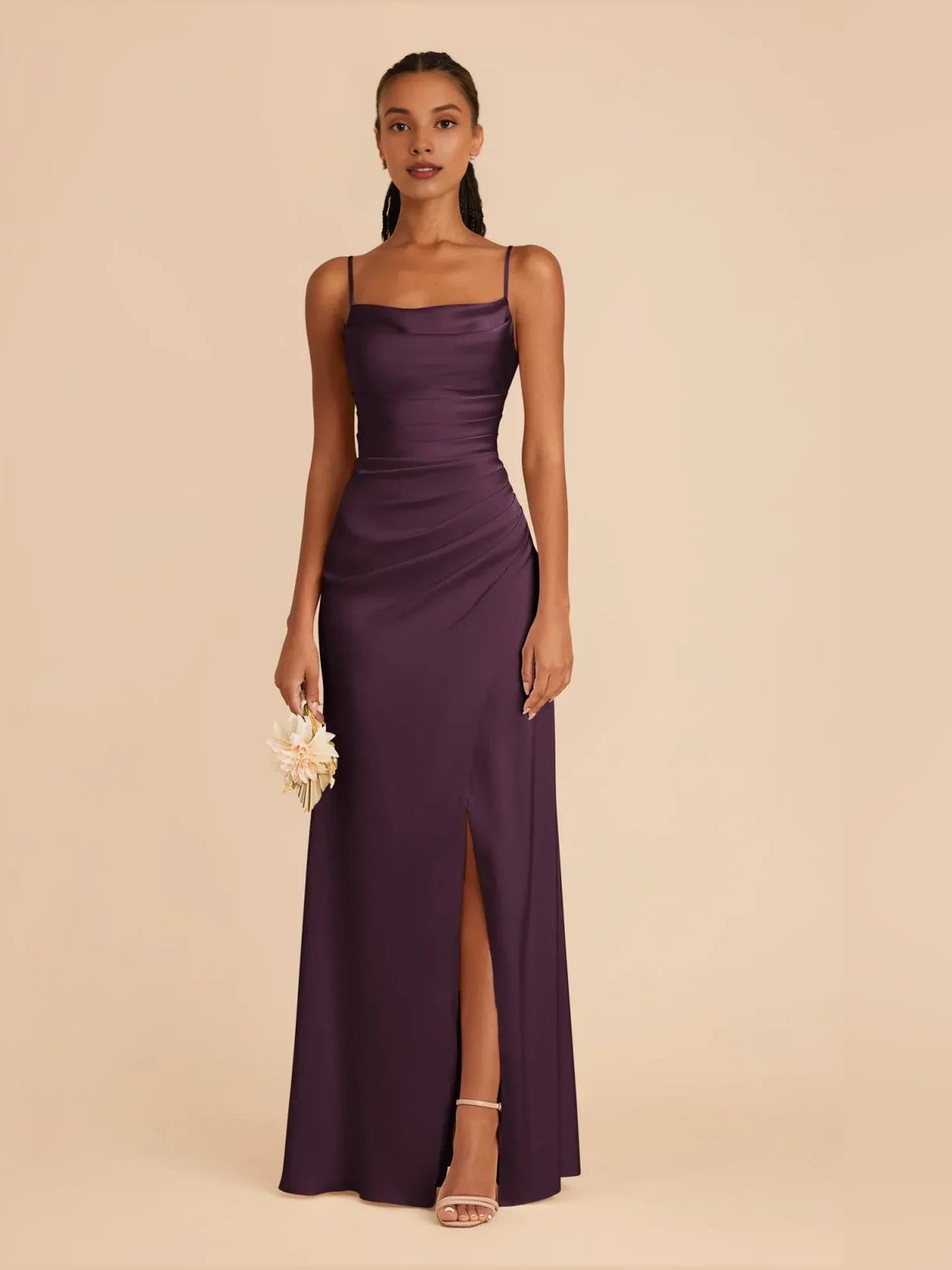 Plum satin maxi dress with ruched cowl neckline and front slit