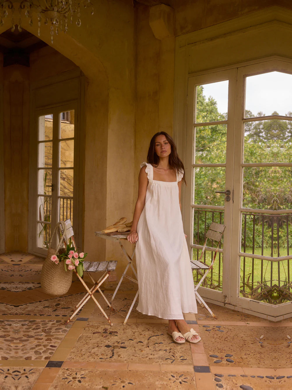 White a-line maxi formal dress with square neckline, full-length front view