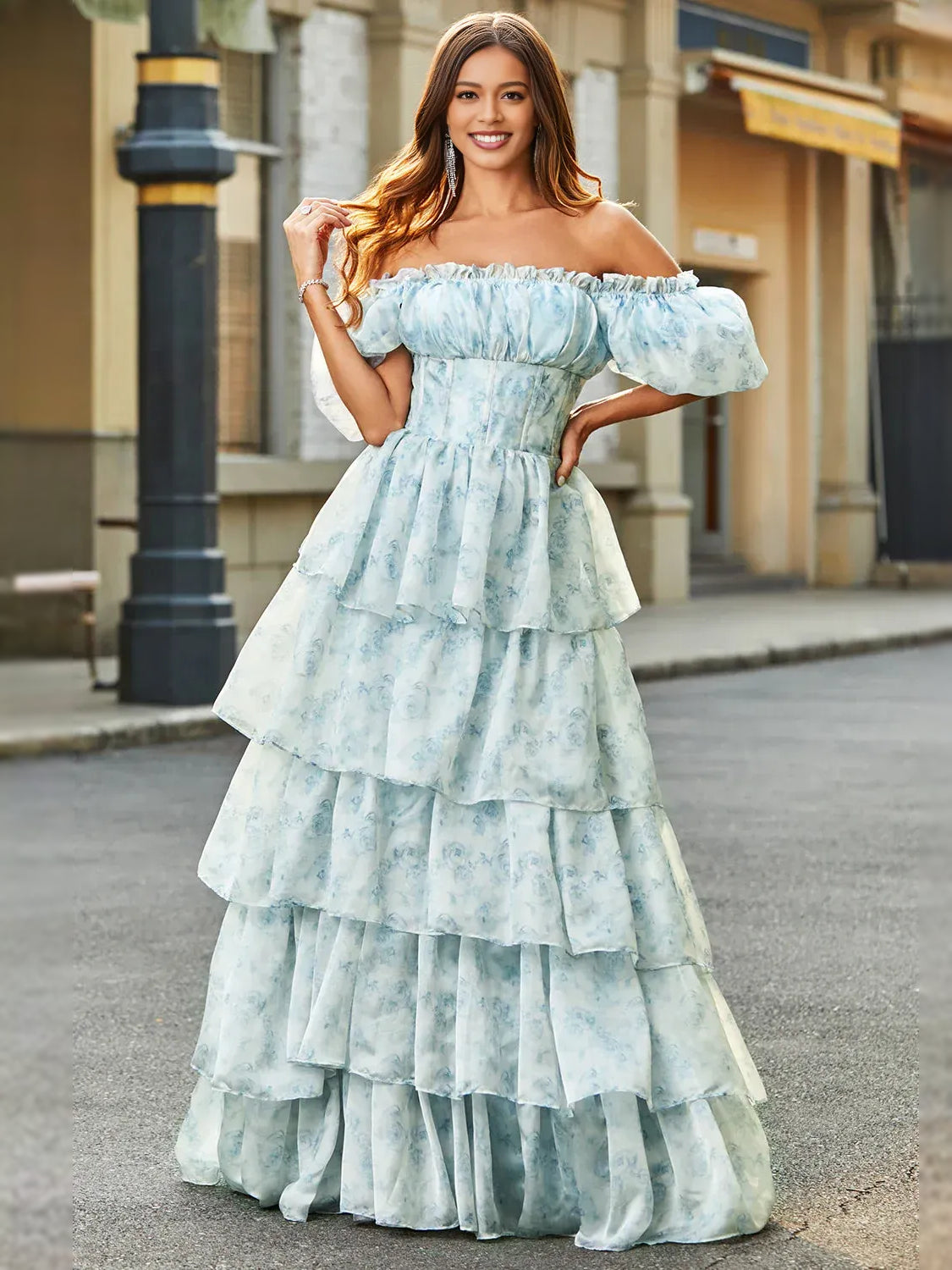 Light blue floral tiered ruffle A-line prom dress, square neckline off-shoulder