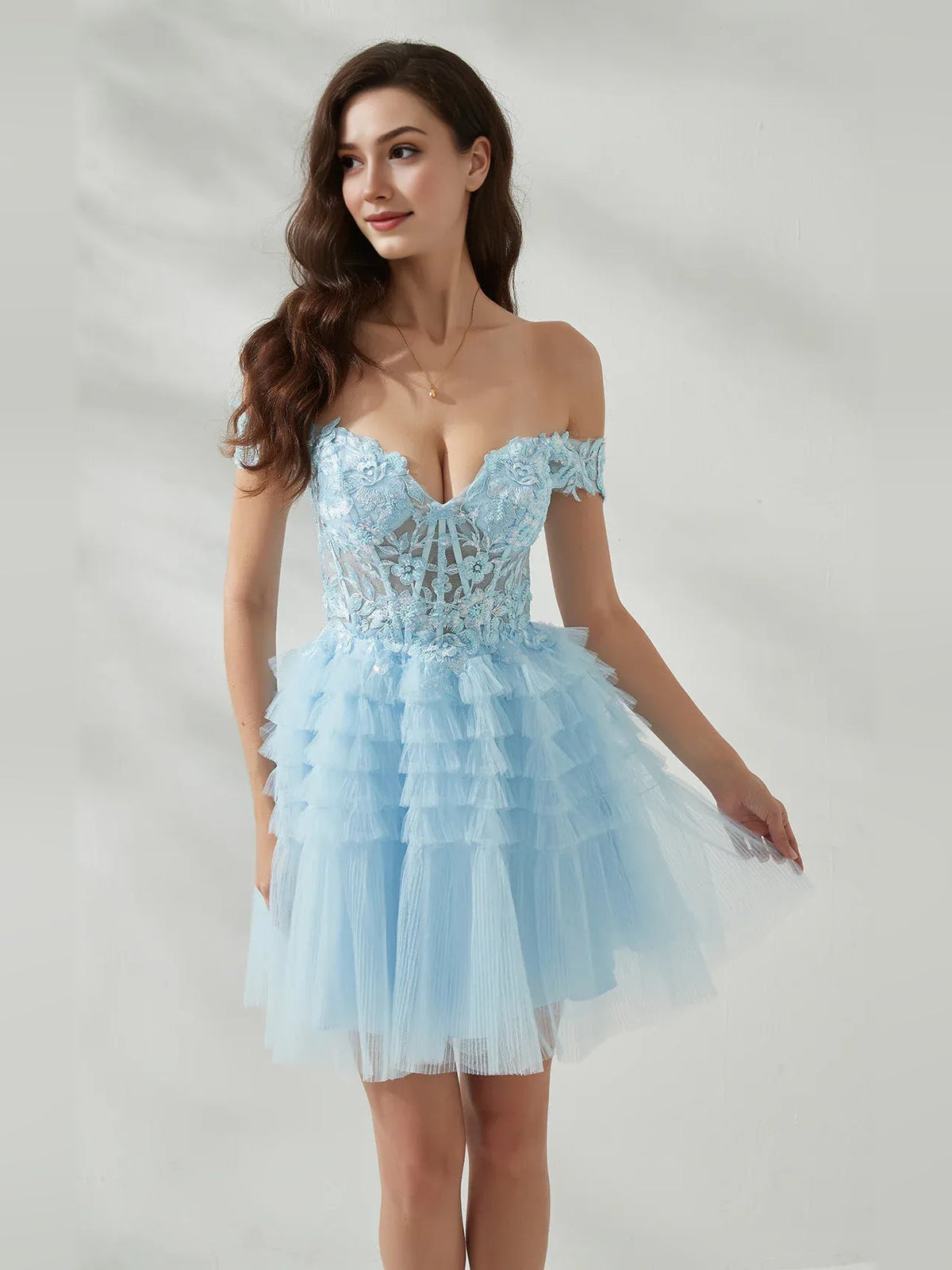 Baby blue off-shoulder sweetheart corset mini dress with tiered ruffled tulle skirt