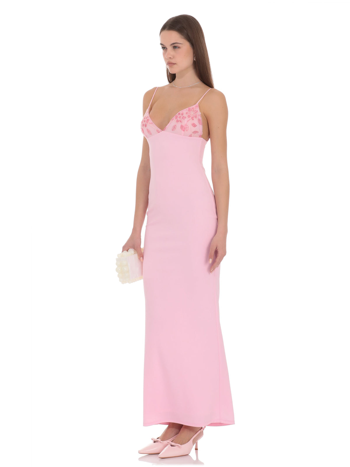 Pink bridesmaid dress with a-line silhouette and maxi length