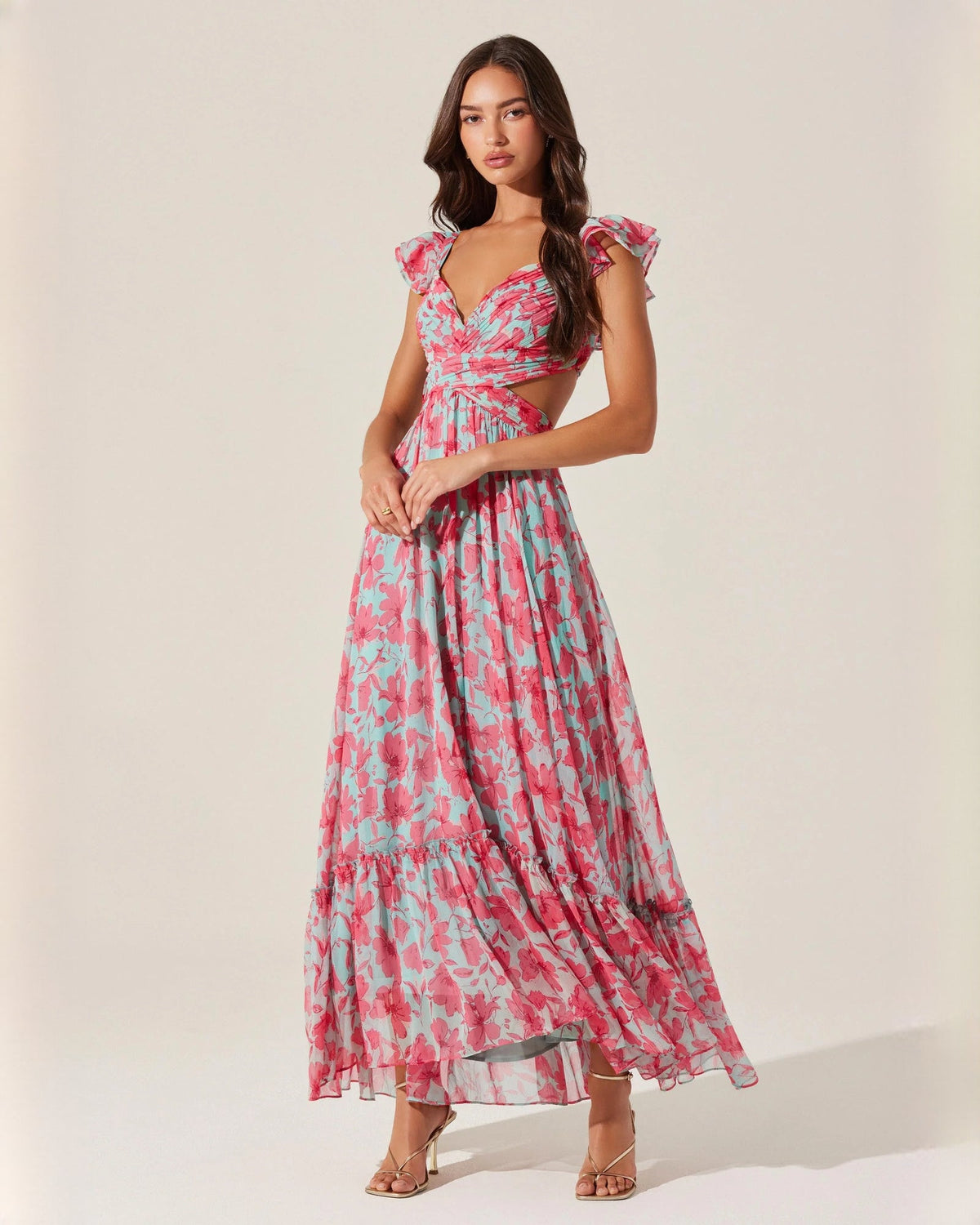 Sleeveless floral A-line maxi dress with V-neck, pink and teal print