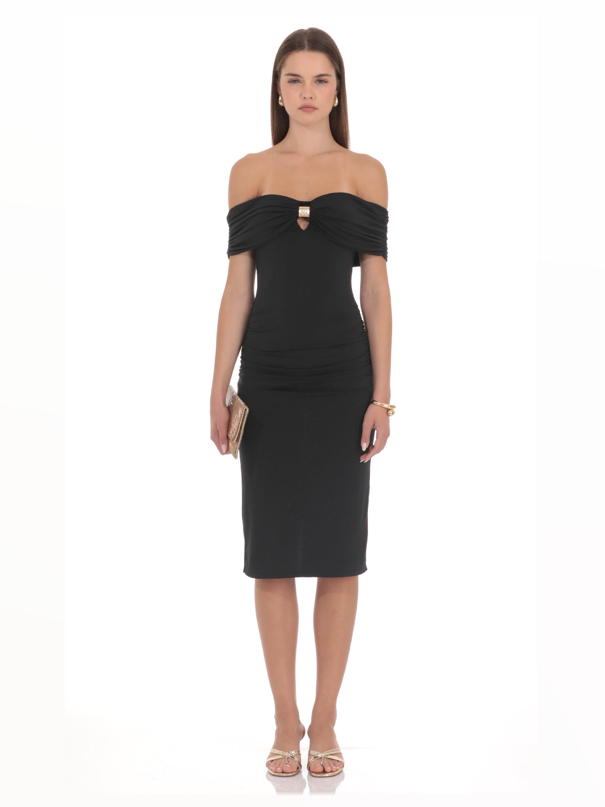Black bridesmaid dress with a-line silhouette and midi length