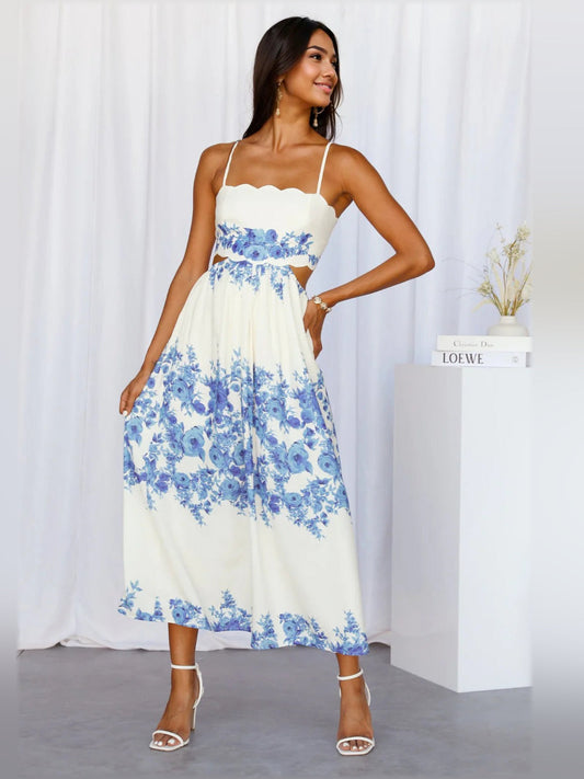 Blue midi formal dress, full-length front view