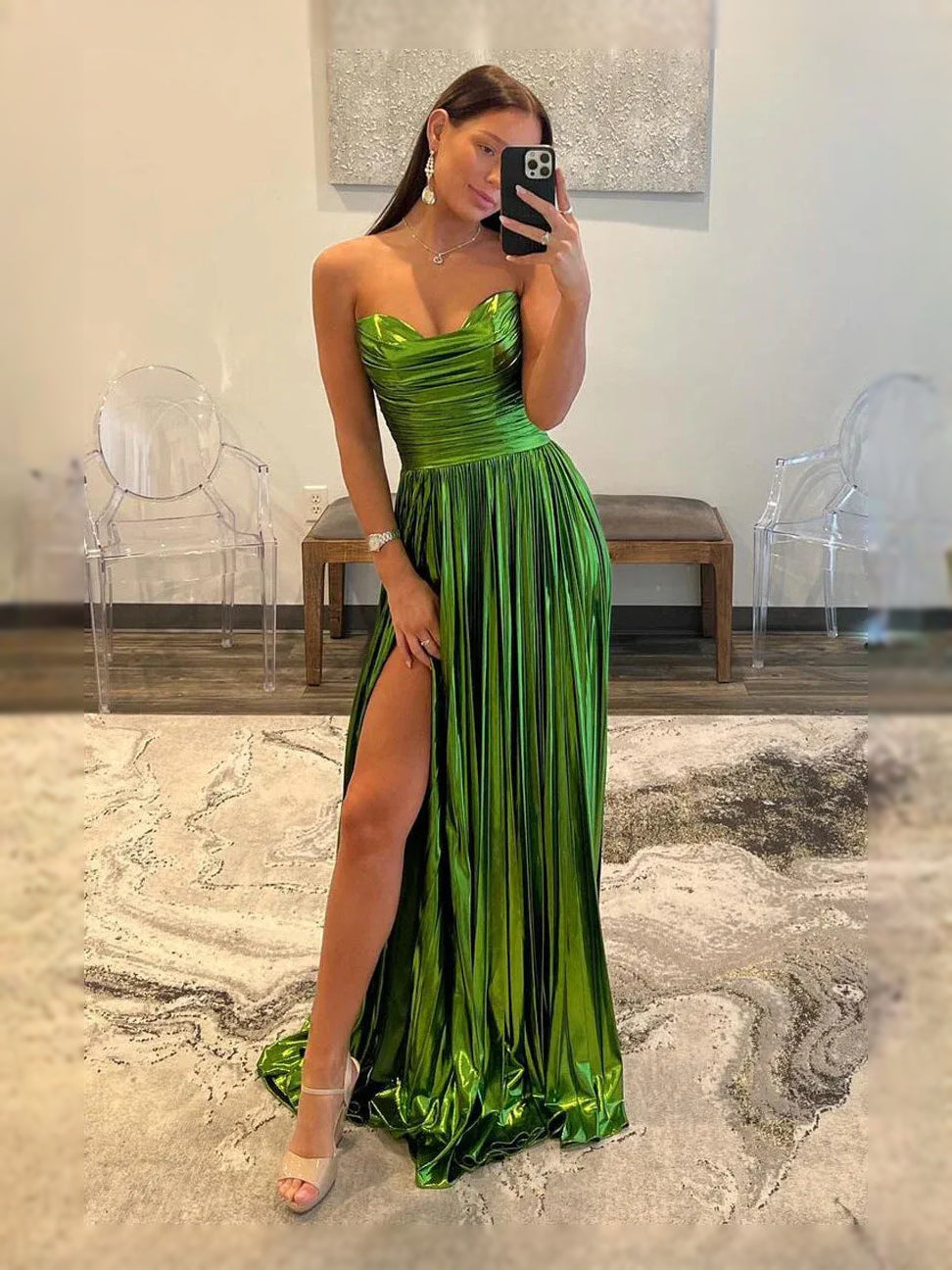 Green ruched sweetheart A-line prom dress with pleated skirt and high slit