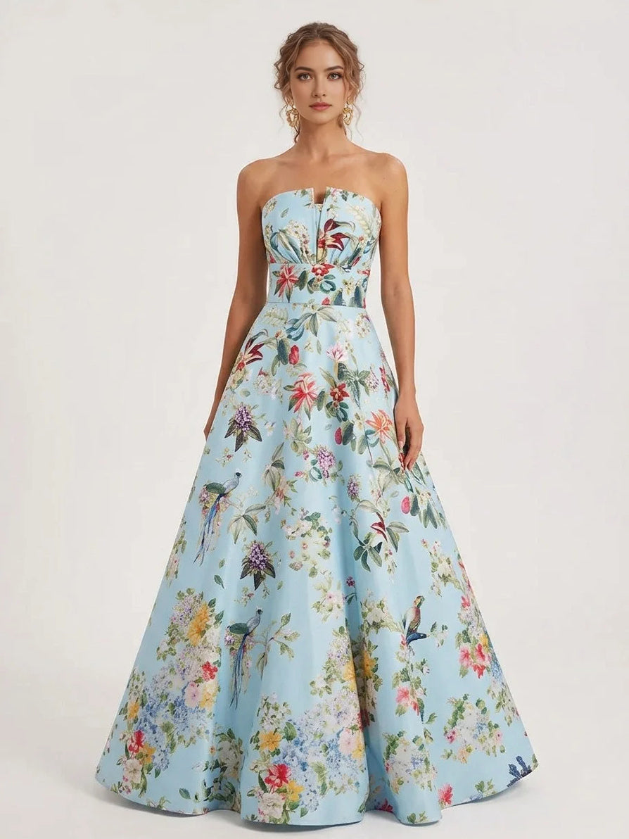 Floral strapless A-line prom dress in light blue, floor-length satin with fitted bodice
