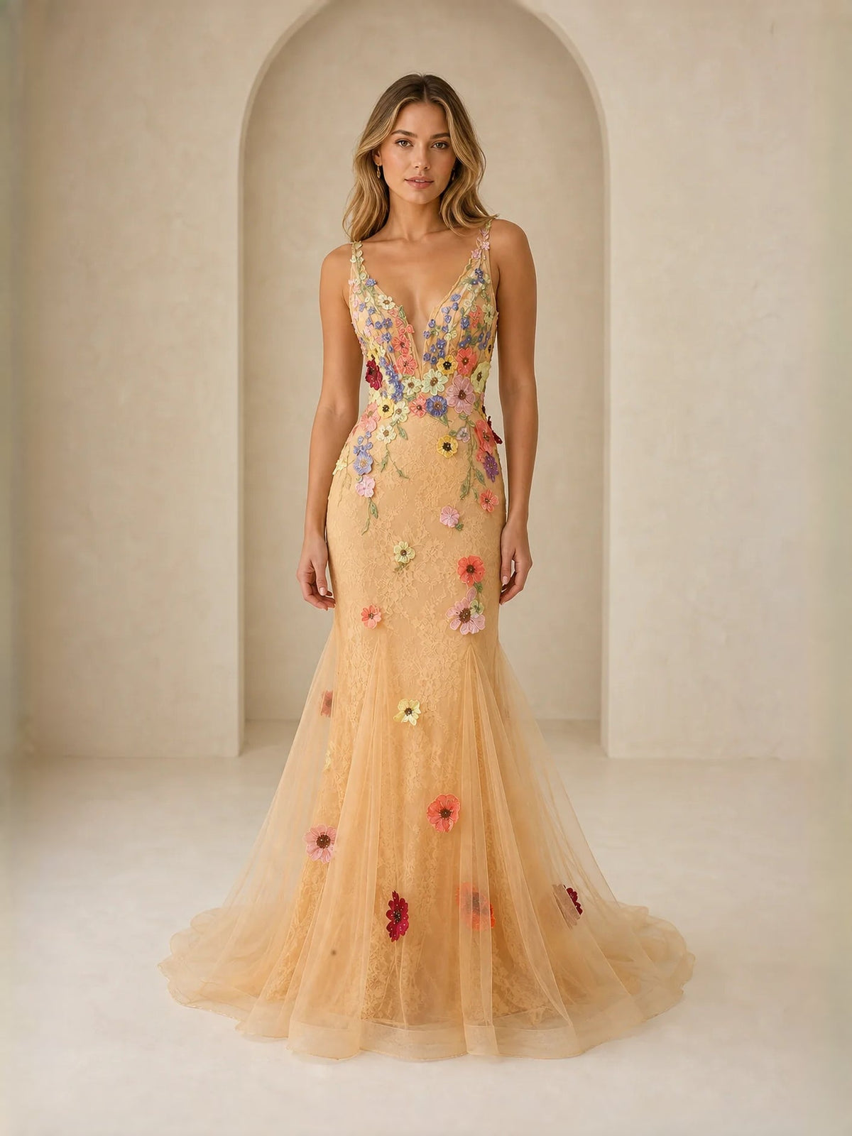 Peach tulle mermaid prom dress with floral appliques and V-neck corset bodice