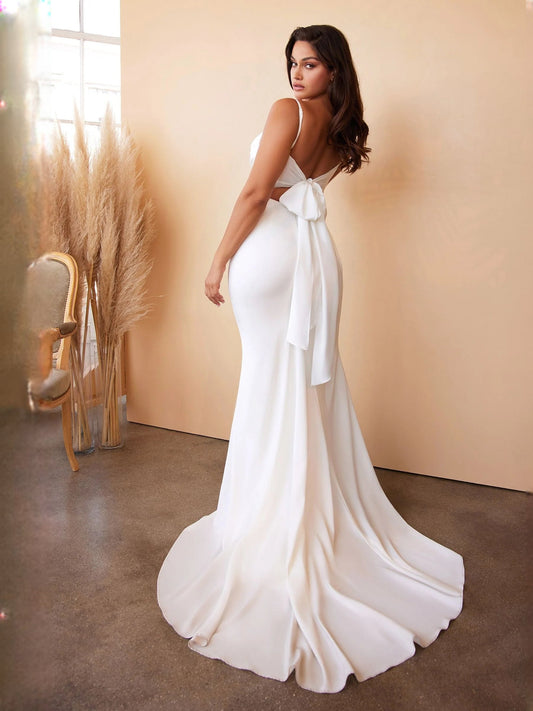 Ivory satin wedding dress with draped cowl neckline, cut-out detail, and mermaid hem