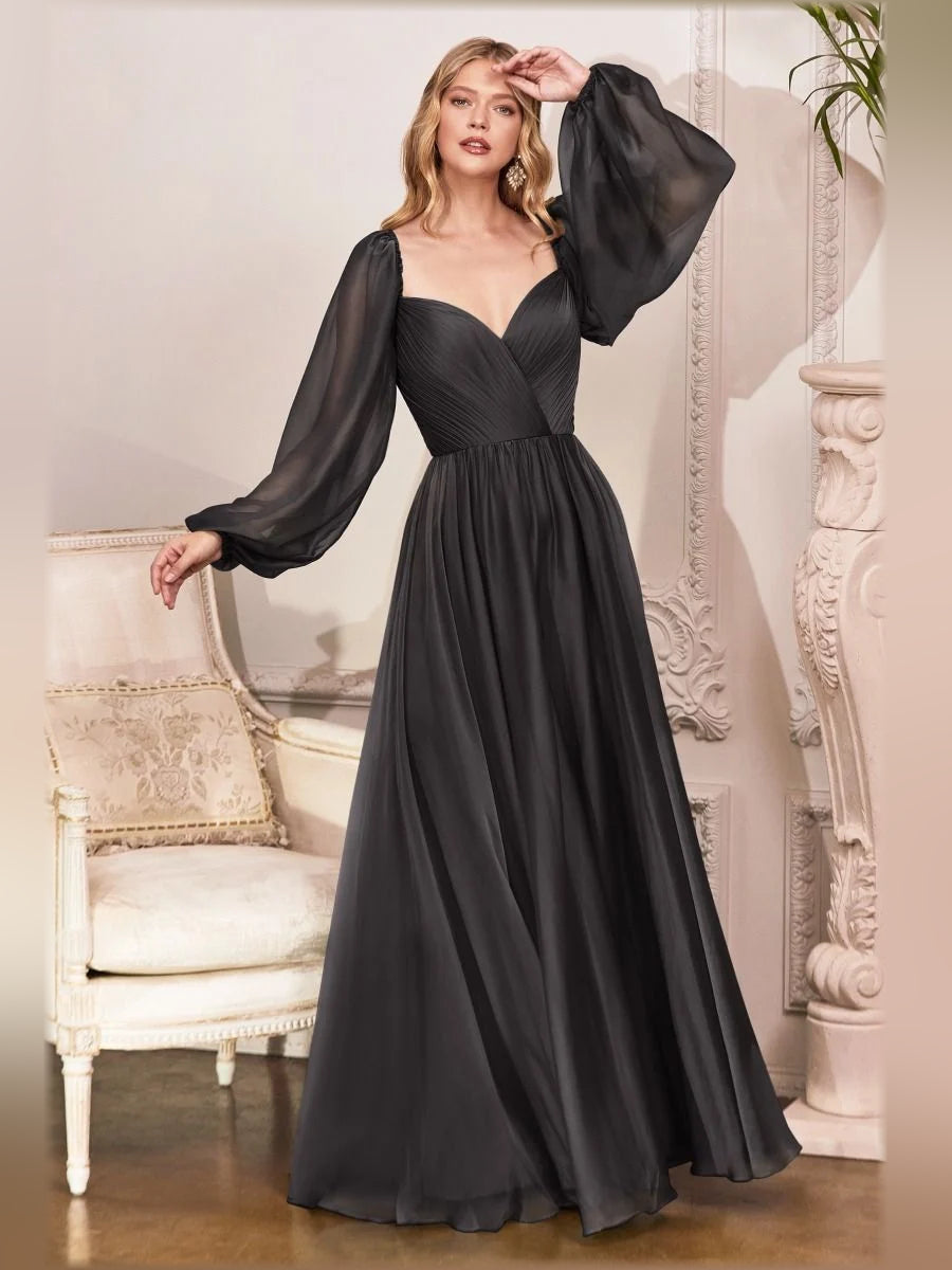 Black V-neck formal dress with puff sleeves and pleated skirt, floor-length