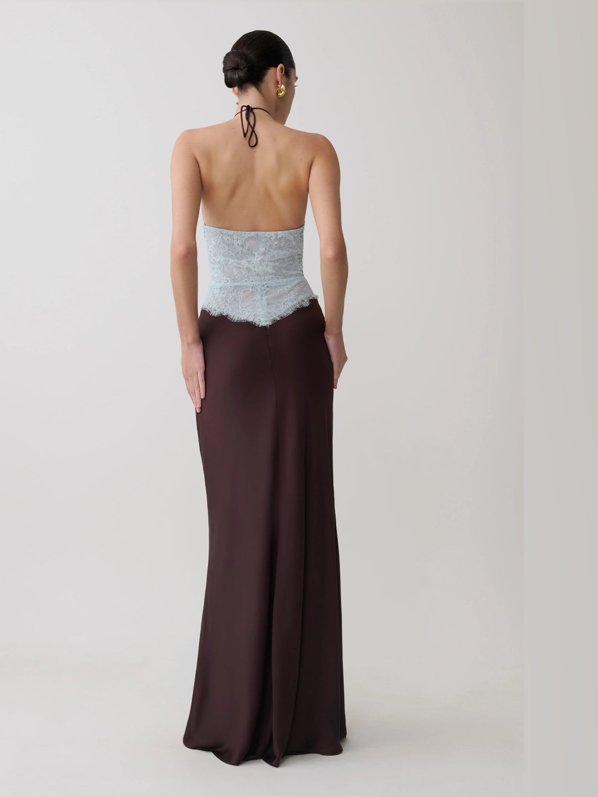 Chocolate formal dress with a-line silhouette and maxi length