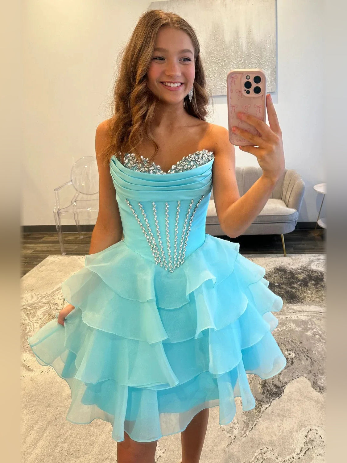 Ice blue sweetheart corset mini dress with tiered ruffle skirt and beadwork